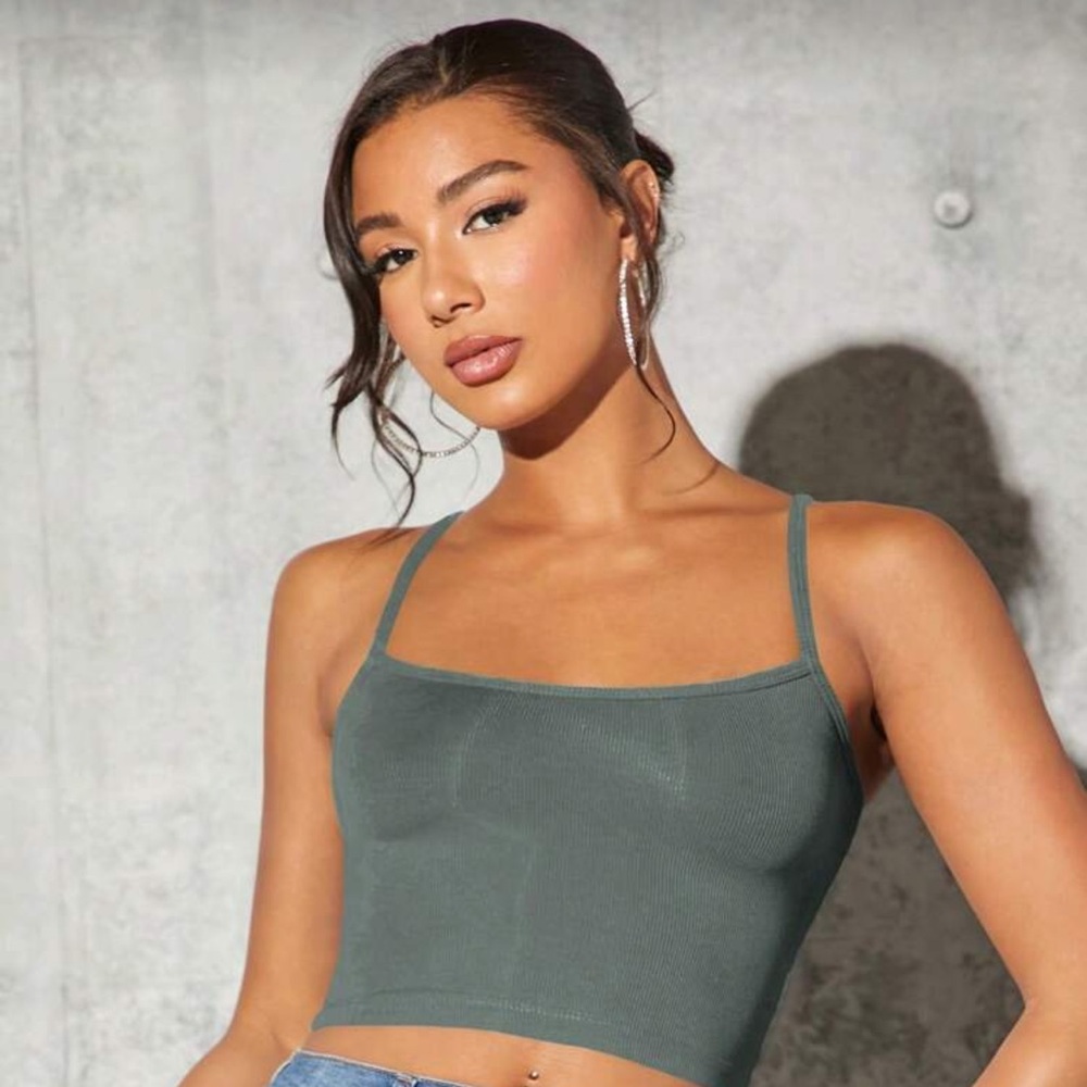 Ribbed Spaghetti Strap Crop Top - Olive Green